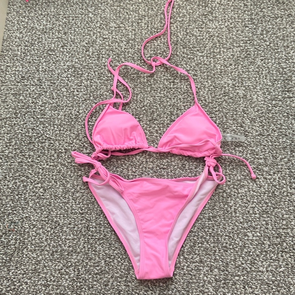 bikini from shein. pink, cute ties on bottoms